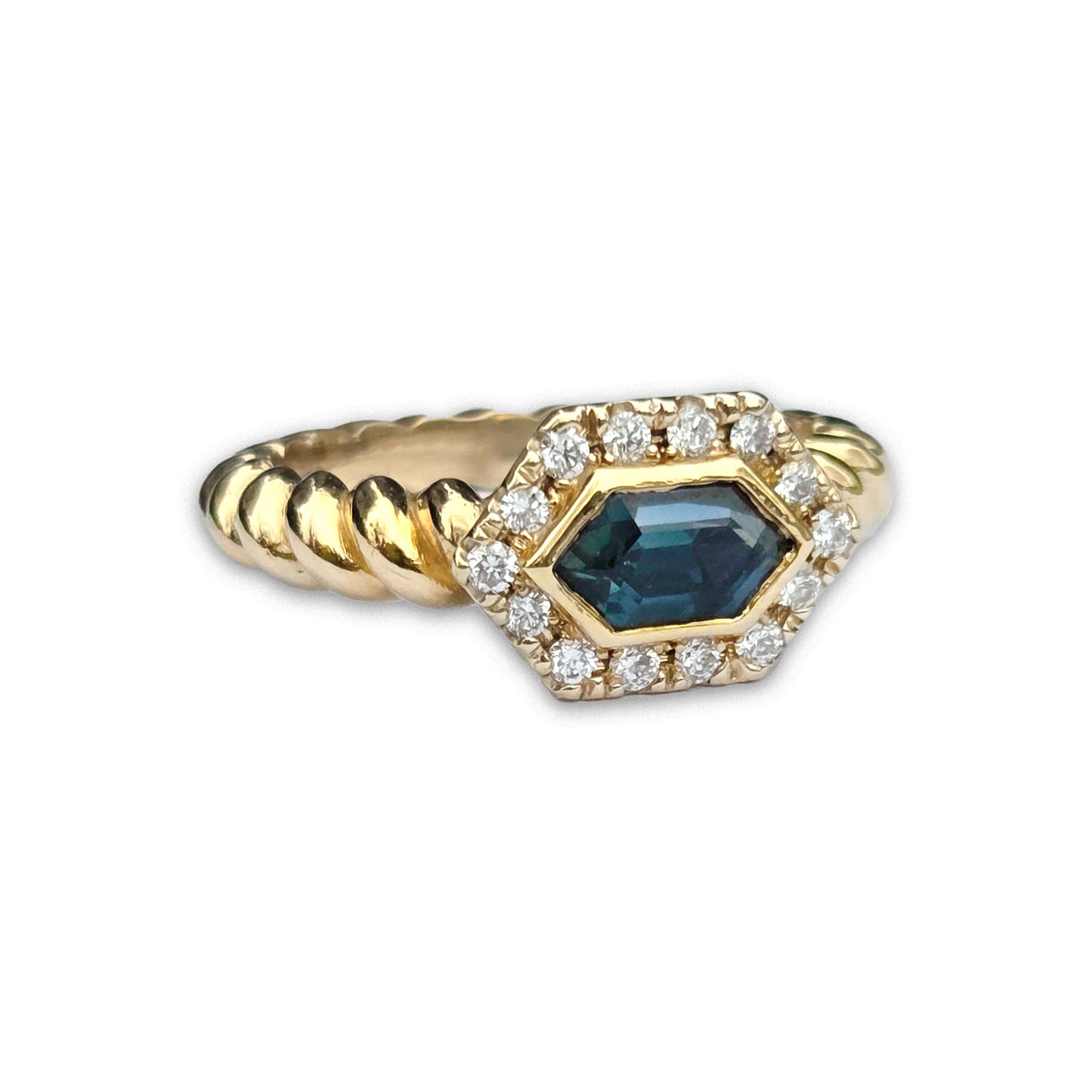 14k Hexagon Sapphire and Diamond Ring