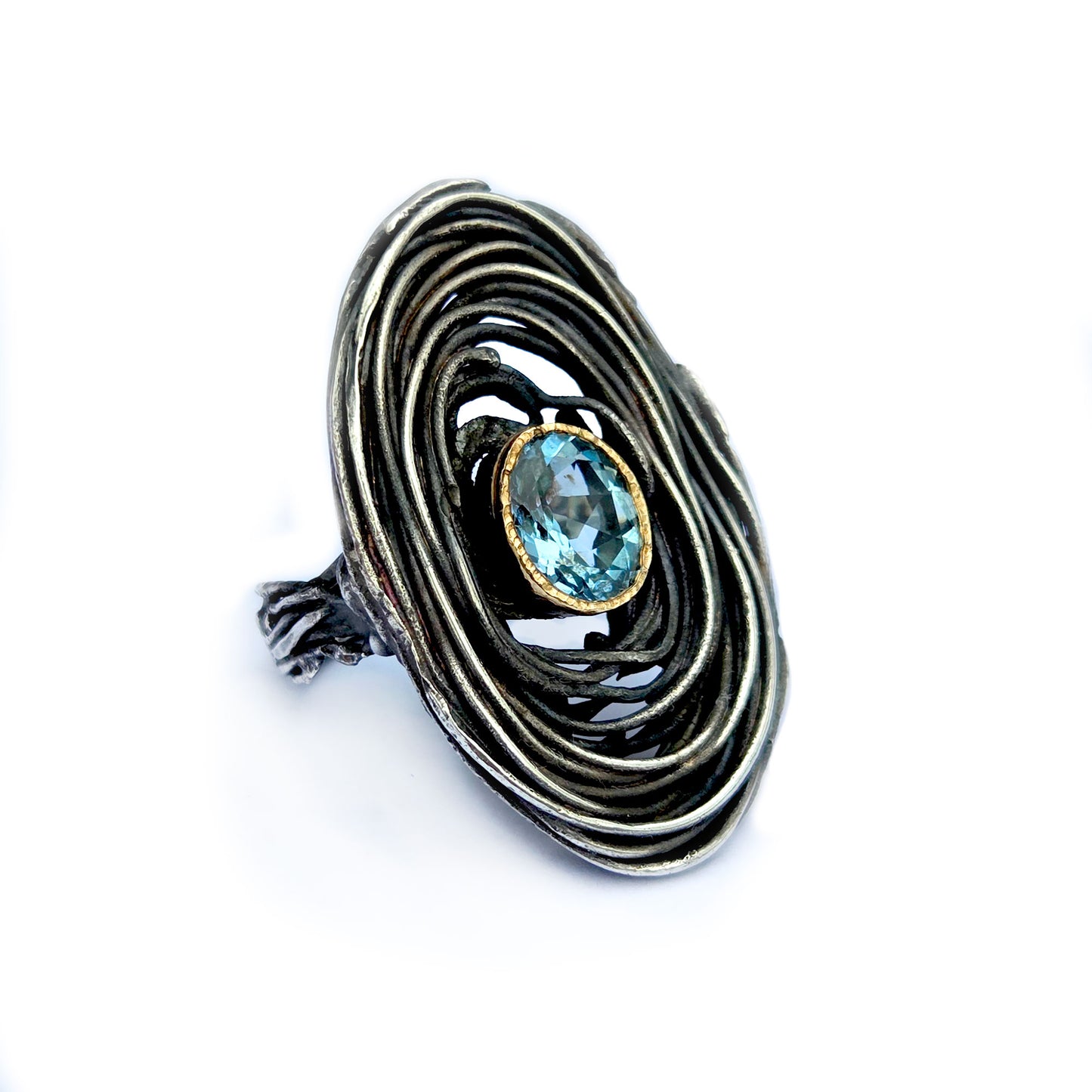 Sterling and 14k Blue Topaz Swirl Ring