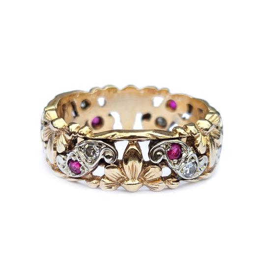 Vintage 14k Diamond and Ruby Deco Flower Band