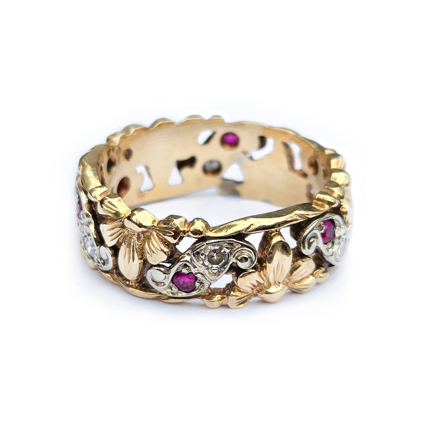 Vintage 14k Diamond and Ruby Deco Flower Band