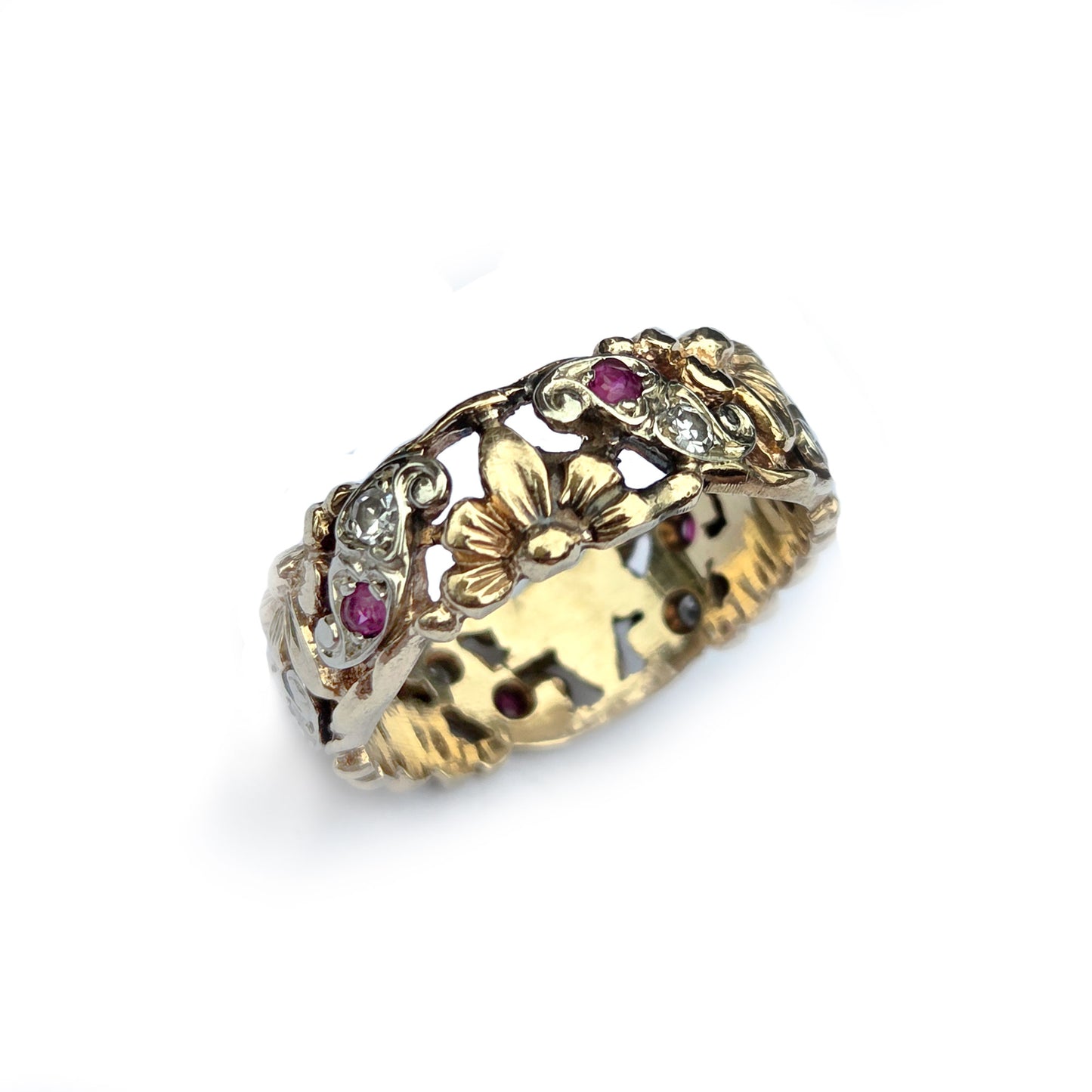 Vintage 14k Diamond and Ruby Deco Flower Band