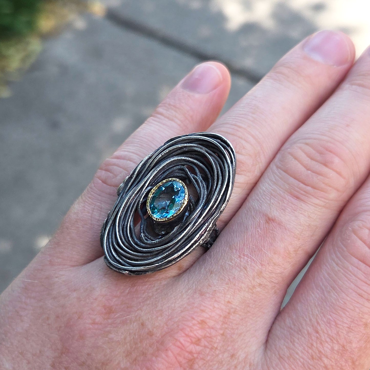 Sterling and 14k Blue Topaz Swirl Ring