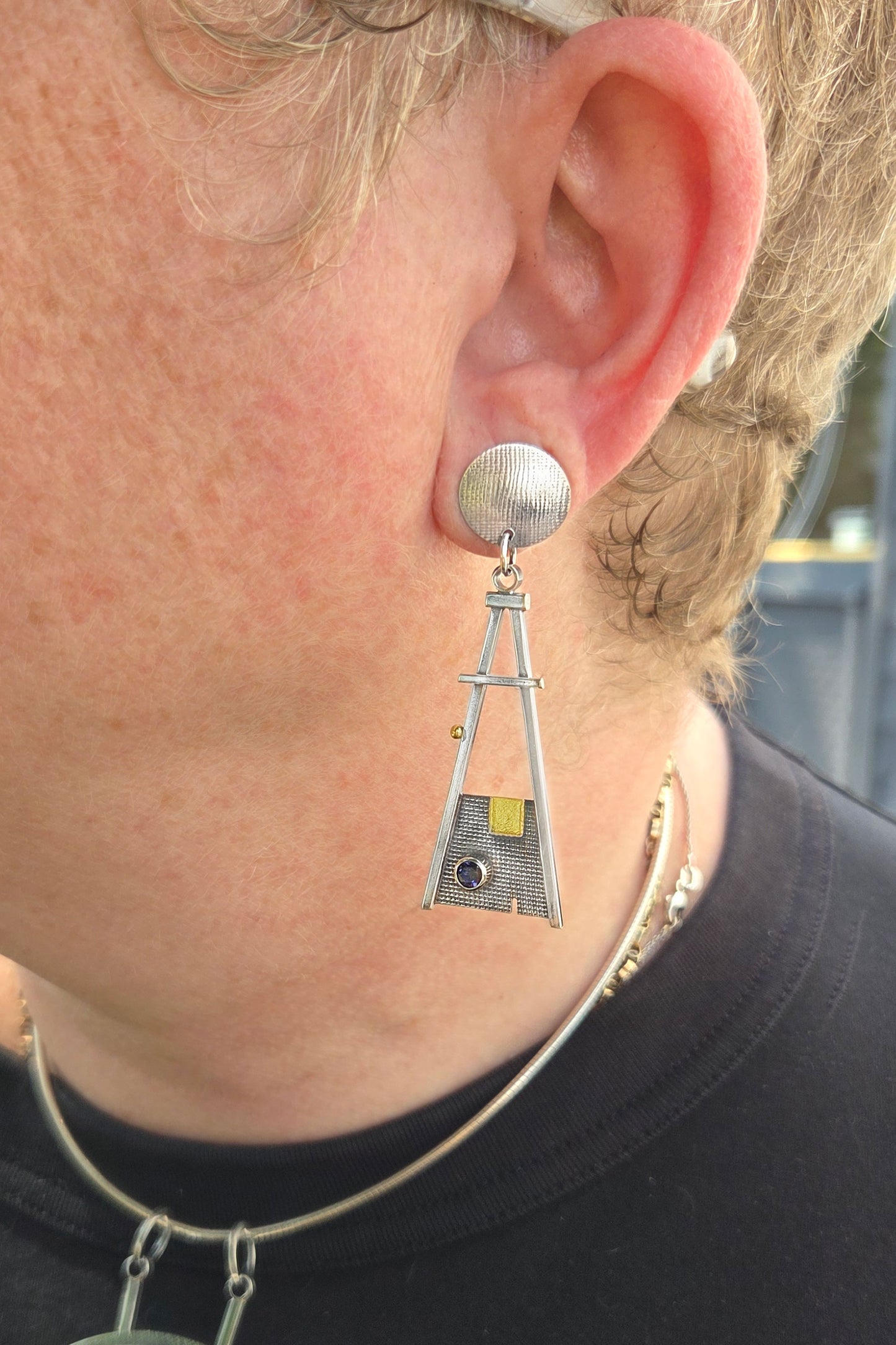 Triangular Sterling and Gold Iolite Earrings