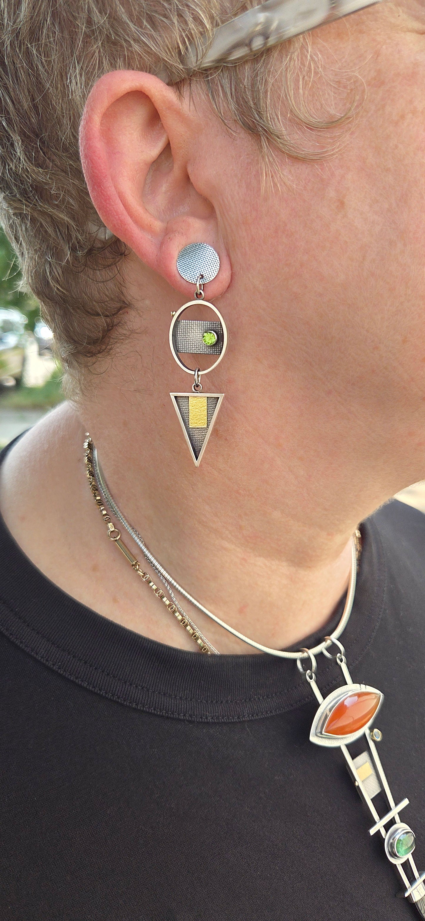Triangle and Oval Sterling and Gold Peridot Earrings