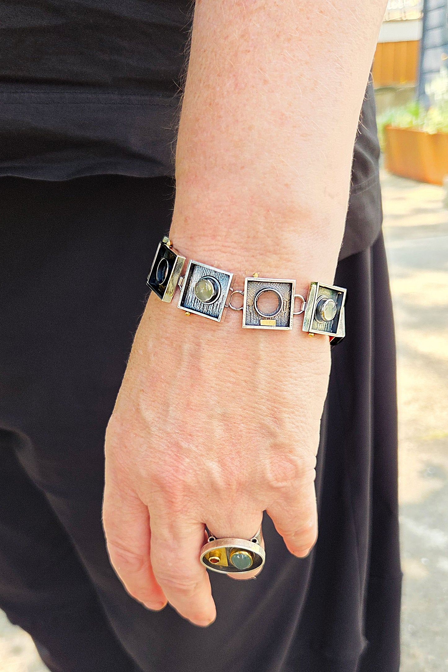 Square and Circle Moonstone Link Bracelet