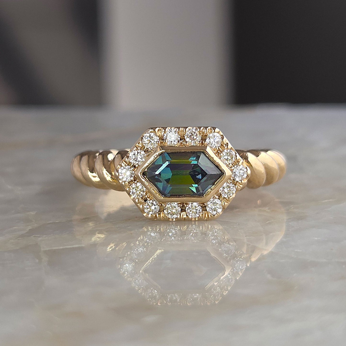 14k Hexagon Sapphire and Diamond Ring