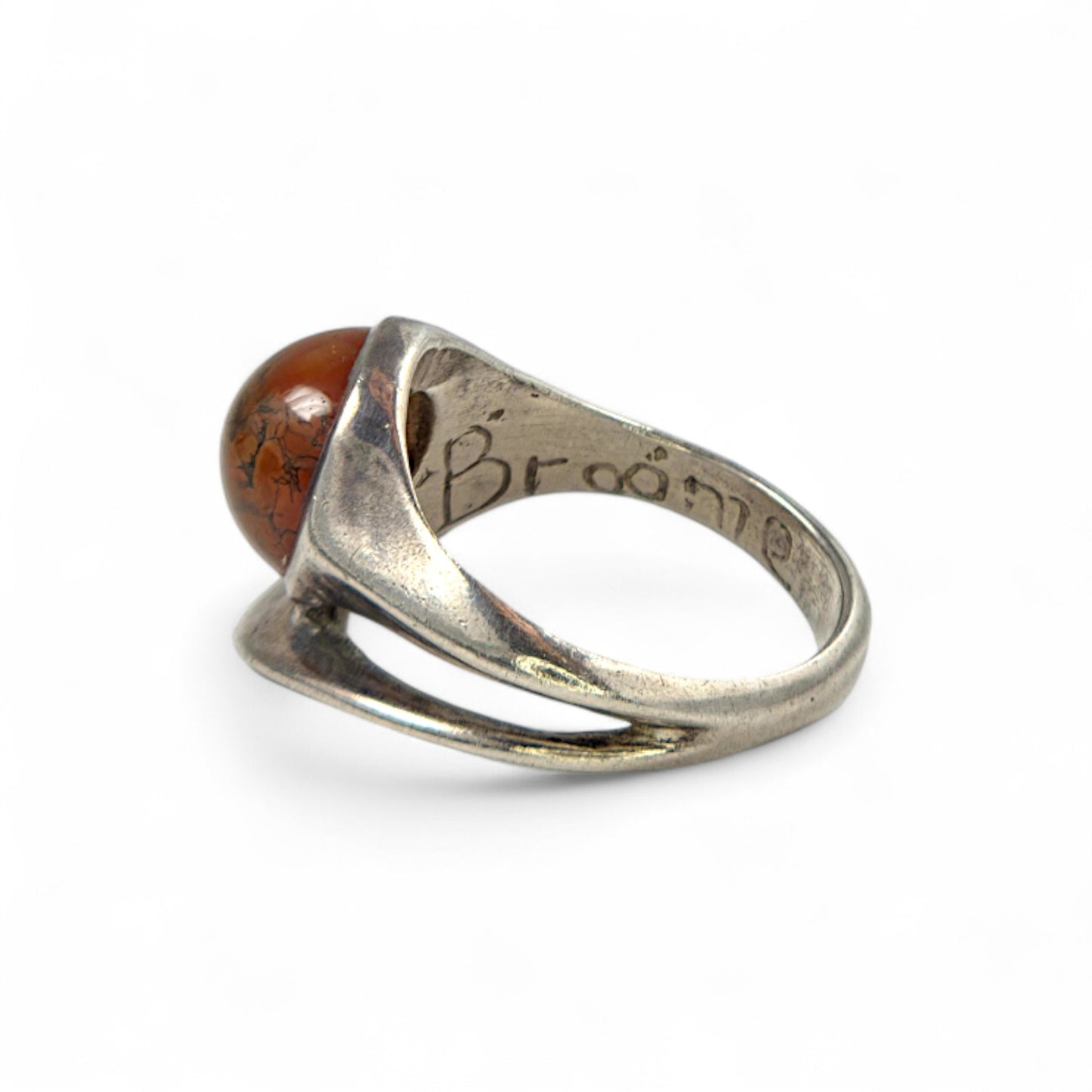 Modernist Sterling and Moss Agate Ring by Peter Broome