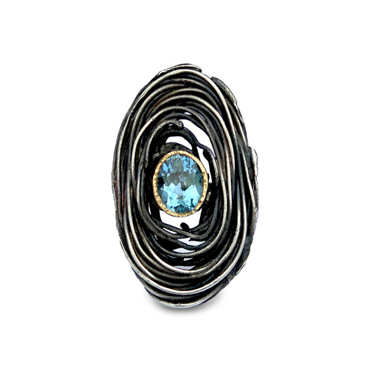 Sterling and 14k Blue Topaz Swirl Ring