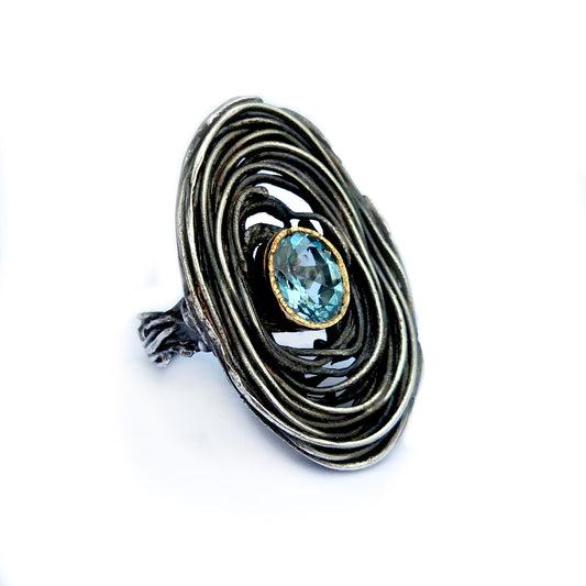 Sterling and 14k Blue Topaz Swirl Ring