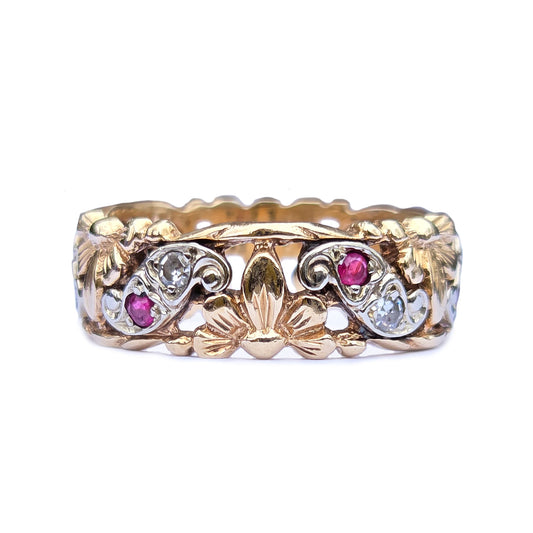 Vintage 14k Diamond and Ruby Deco Flower Band