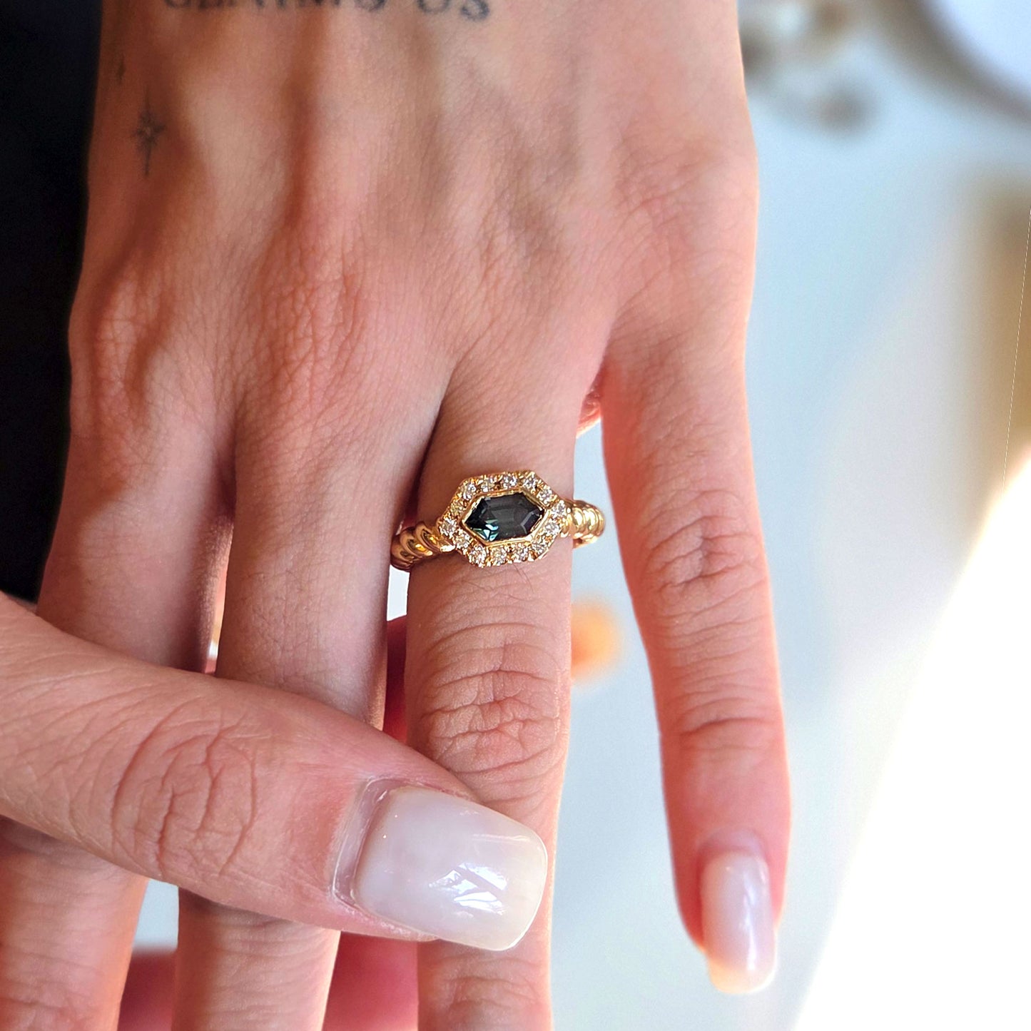 14k Hexagon Sapphire and Diamond Ring
