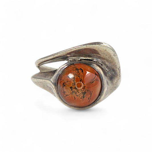 Modernist Sterling and Moss Agate Ring by Peter Broome