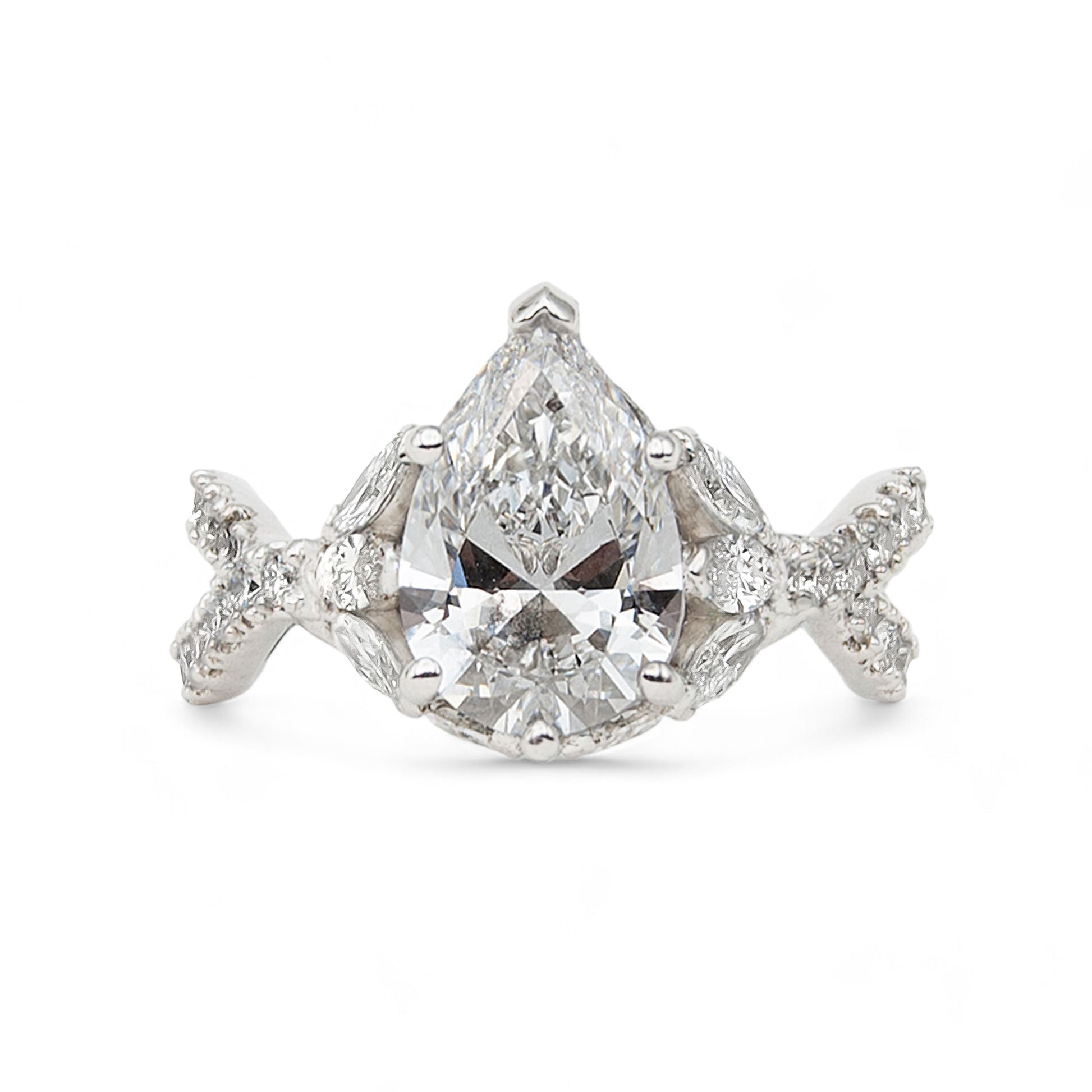 Diamond ring with a clear gemstone on a white background