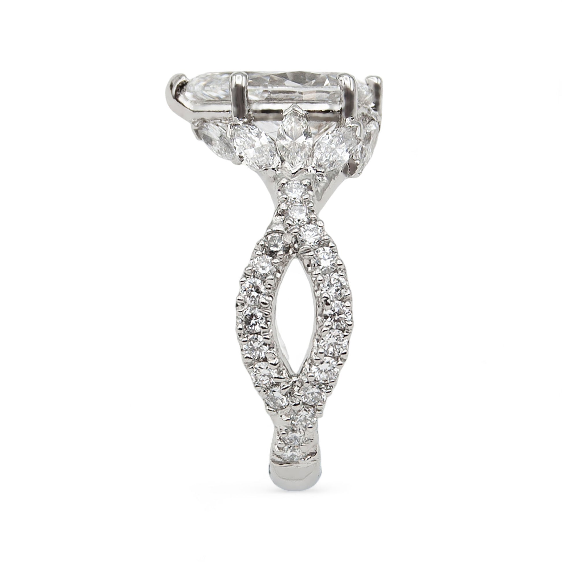 Diamond ring with a platinum band on a white background
